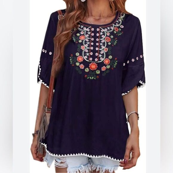 Ashir Aley 100% Cotton Embroidered Bohemian Loose Fitting Top - Picture 1 of 13